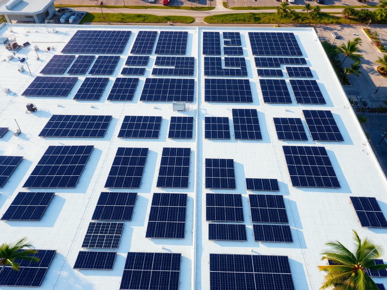 Commercial warehouse rooftop covered in solar panels installed by Hive Energy